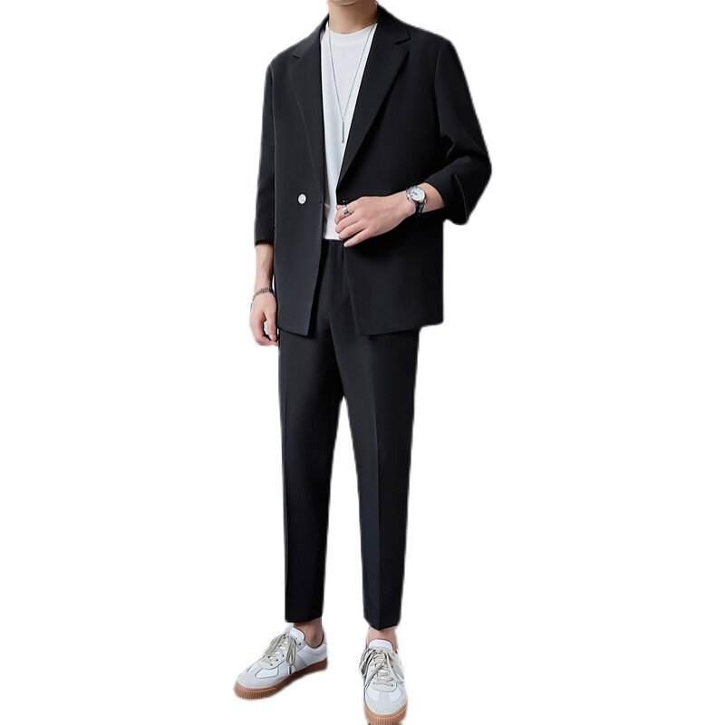 夏季中袖男生西服上衣休闲七分袖西装帅气黑色免烫DX856-P120,男装西服套装,星座1012