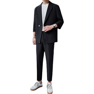 夏季中袖男生西服上衣休闲七分袖西装帅气黑色免烫DX856-P120图片