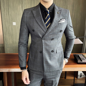 双排扣格子款西服套装男商务修身休闲西装蓝色礼服SJT8662-P285图片