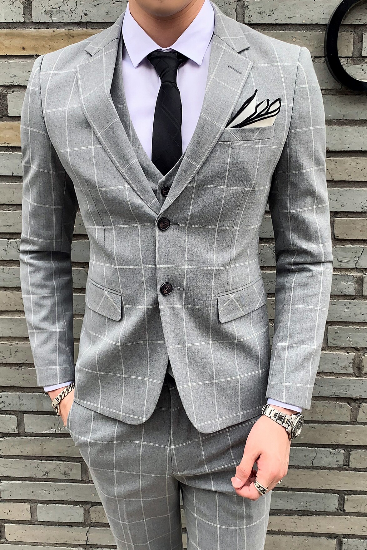 秋冬新款格子男士西服套装三件套两粒扣浅灰西装SJT812-P280,男装西服套装,星座1012