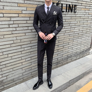 秋冬英伦双排扣条纹男士西服套装正装新郎礼服三件套SJT810-P295,西服穿搭长沙图片