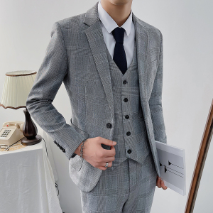 2025秋冬新款千鸟格修身西服男套装三件套商务休闲西服8011-P300图片
