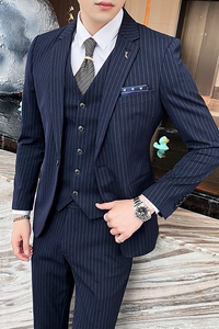 修身条纹西装男套装三件套帅气流行西服婚礼新郎礼服SJT825-P260图片