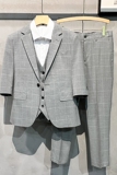 薄格子中袖西服三件套七分袖西装P80马甲35裤子50SJT867-P165，男装西服套装，星座1012