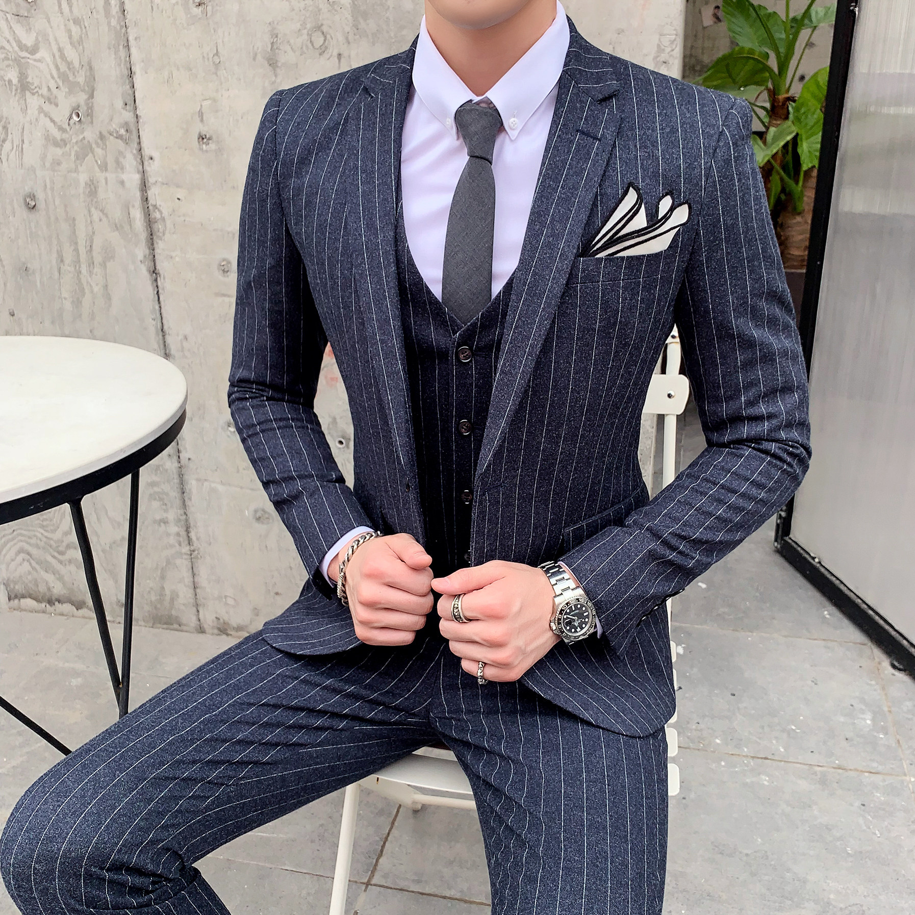 绅士商务条纹西装男套装三件套修身职业上班西服SJT809-P260，男装西服套装，星座1012