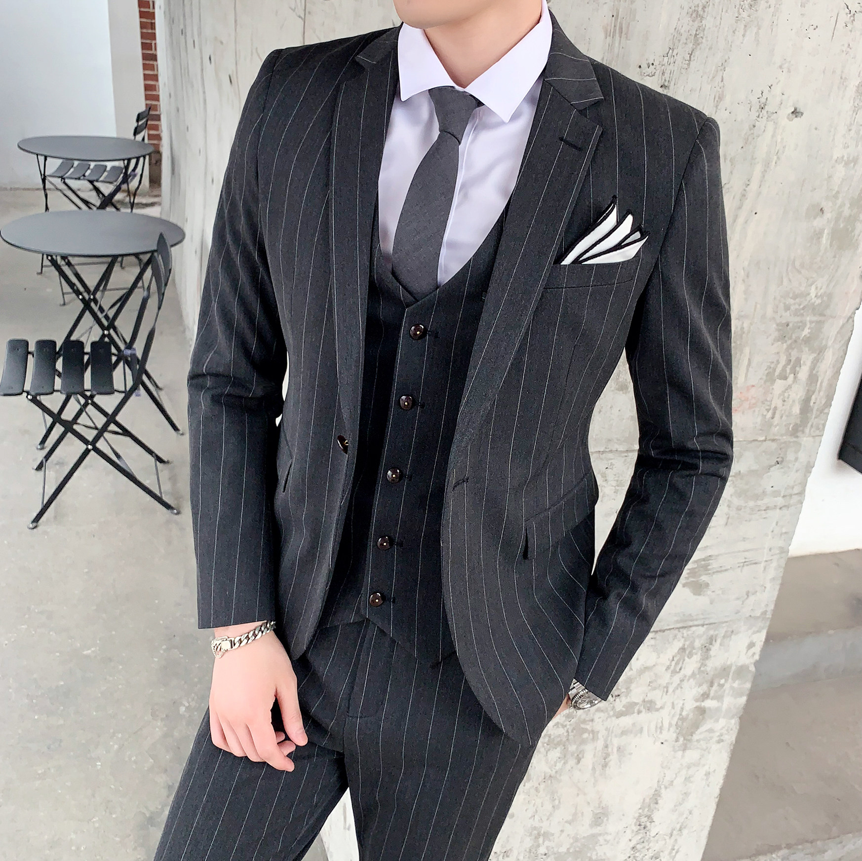 新款修身条纹西装男套装三件套商务绅士休闲西服1012-SJT808-P260,男装西服套装,星座1012