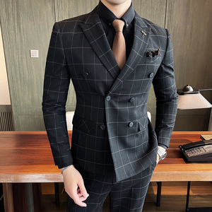 21秋冬韩版双排扣格子西服套装男结婚礼服英伦西装SJT864-P285图片