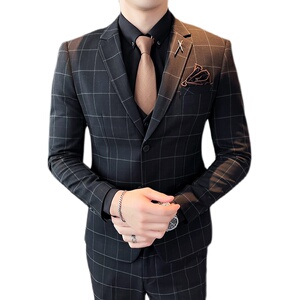 21秋冬韩版修身格子西服套装男英伦西装结婚礼服正装SJT863-P285图片