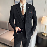 秋冬男加厚双排扣西装套装条纹西服三件套双开叉SJT866-P285，男装西服套装，星座1012