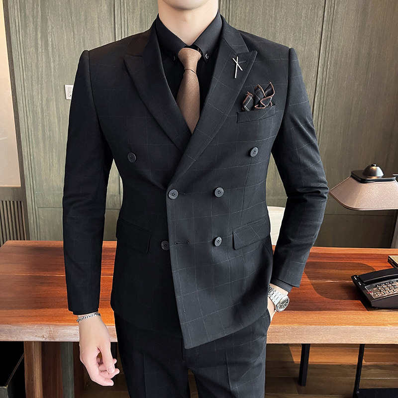 21秋冬韩版双排扣格子西服套装男英伦西装正装礼服潮LJT865-P230,男装西服套装,星座1012