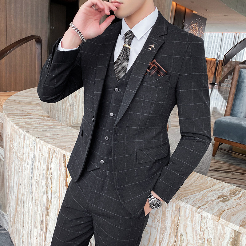 英伦格子西装男套装三件套修身西服商务礼服SJT821-P260,男装西服套装,星座1012