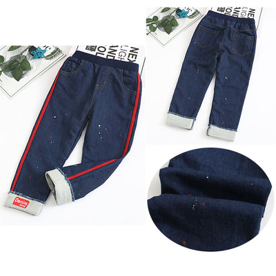 非常小鱼39811女童装秋冬季双层纯棉布里保暖高腰直筒牛仔长裤