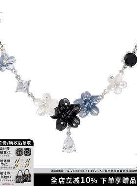 新中式立体花朵项链蓝黑色锁骨链