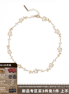 涂鸦小花项链镂空珍珠锁骨链