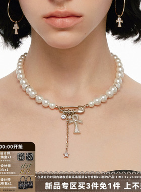 满钻安卡十字架项链回形针锁骨链