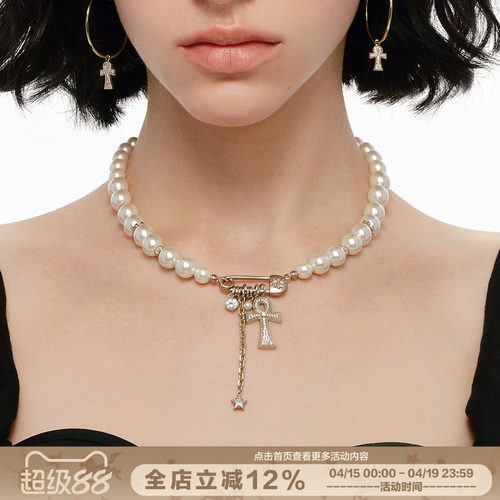 满钻安卡十字架项链回形针锁骨链