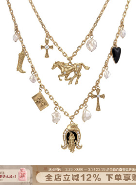 复古双层项链马术帽靴子锁骨链