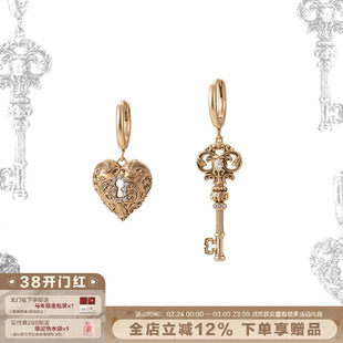 SUMIYAKI 复古爱锁芯系列不对称钥匙耳环爱心耳饰女耳夹无耳洞