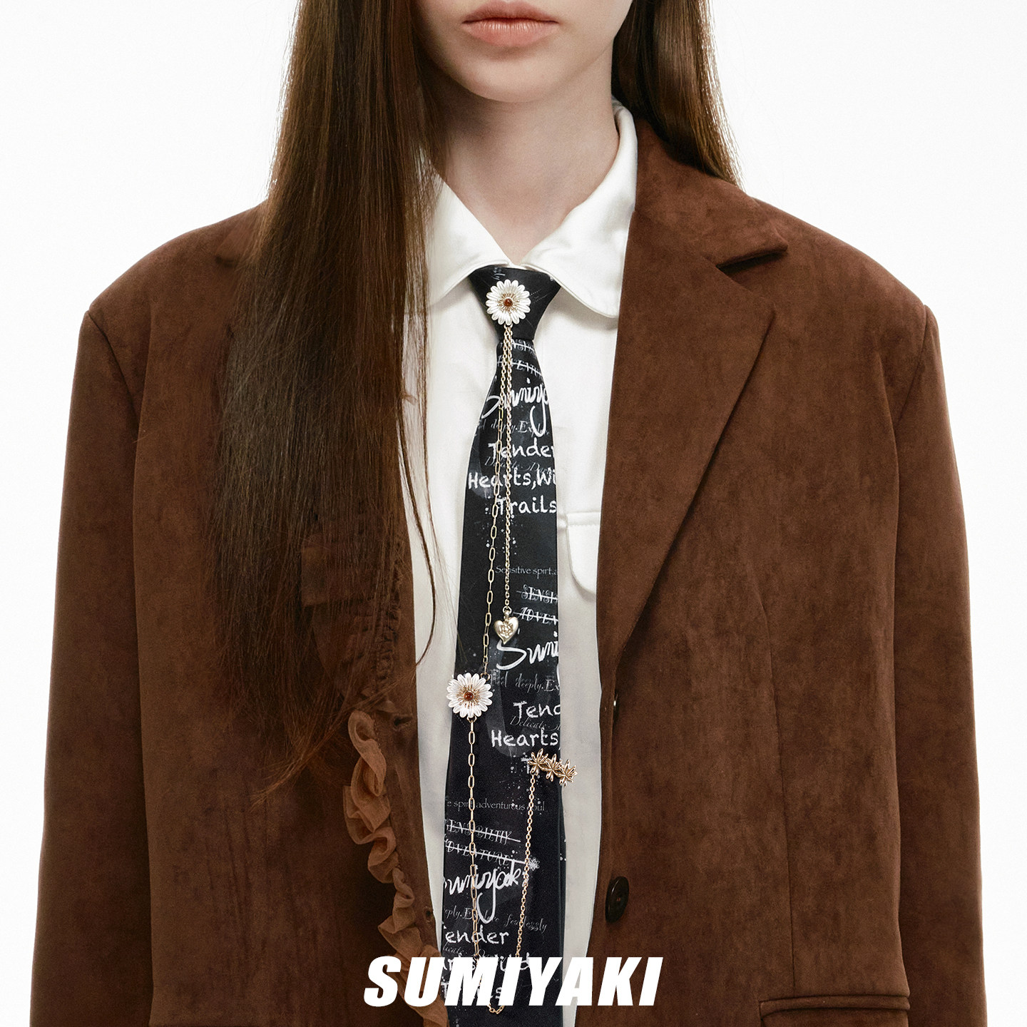 SUMIYAKI 手工定制黑色涂鸦金属雏菊小花链条免打领带高级感领结