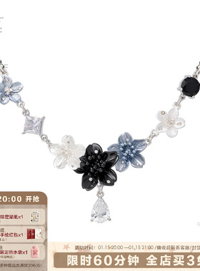 新中式立体花朵项链蓝黑色锁骨链