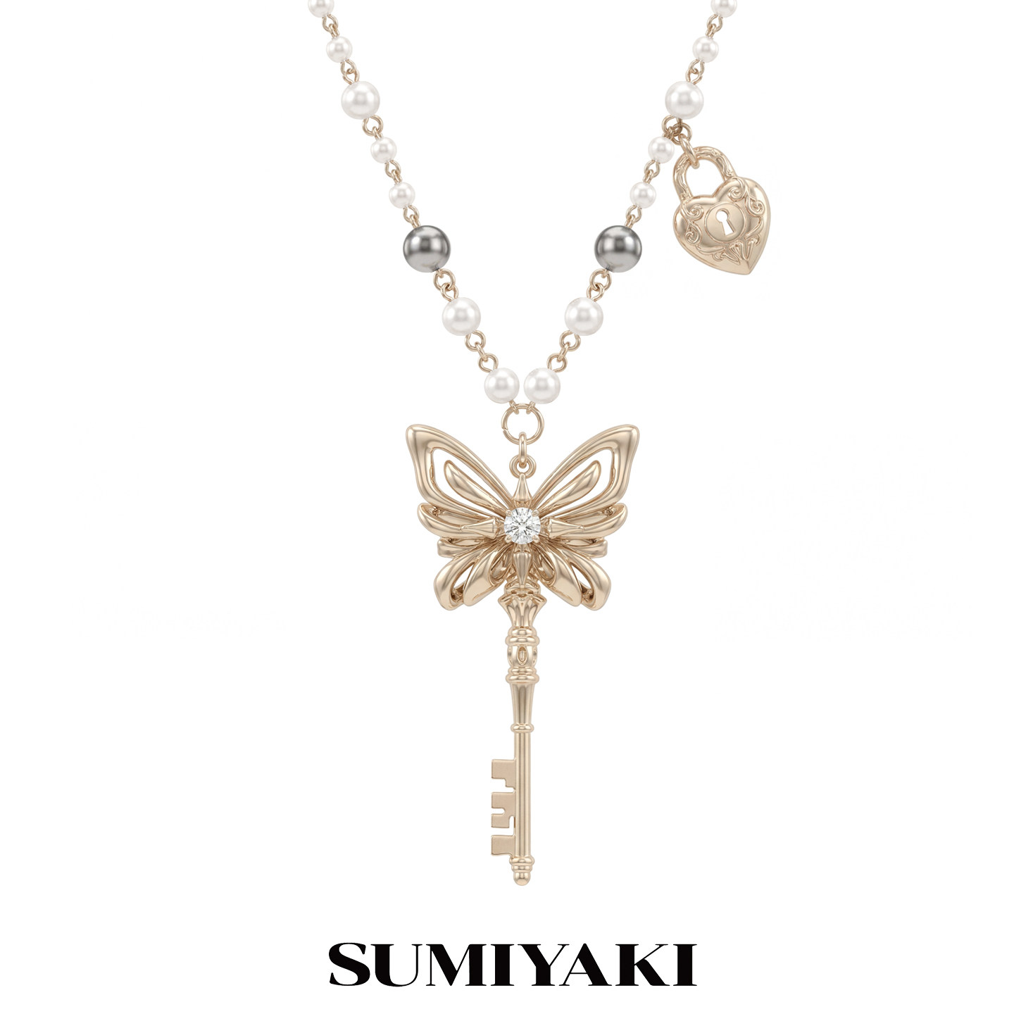 SUMIYAKI 蝴蝶钥匙珍珠拼接项链长款叠戴项链