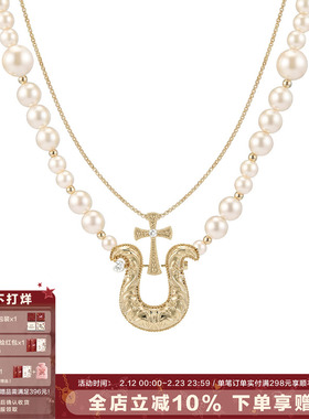 SUMIYAKI 马年系列浮雕花纹马蹄扣双层珍珠项链十字架叠戴锁骨链