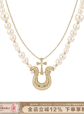 马蹄扣双层珍珠项链叠戴锁骨链女