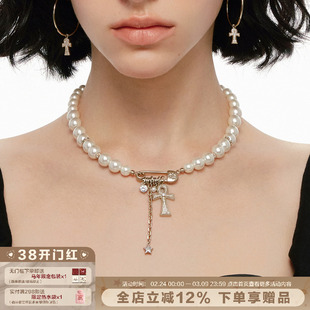 SUMIYAKI 满钻安卡珍珠十字架项链 回形针锁骨链女