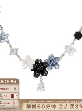 新中式立体花朵项链蓝黑色锁骨链