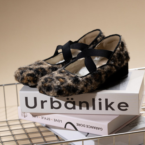 复古豹纹方头加绒粗跟毛毛玛丽珍