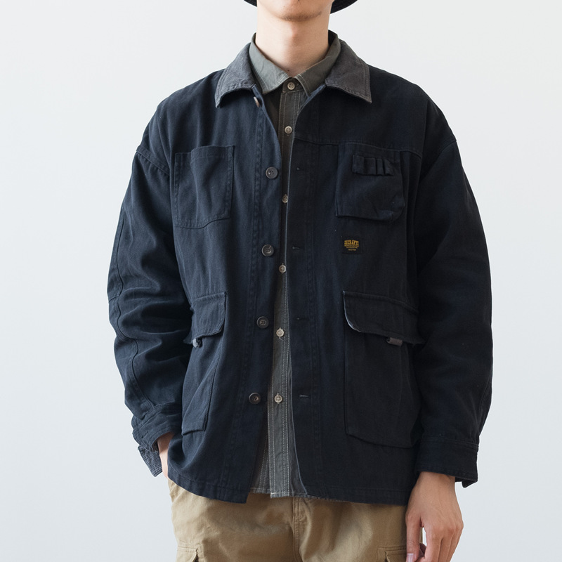 友町  日系复古灯芯绒拼接翻领工装夹克男潮牌多口袋外套