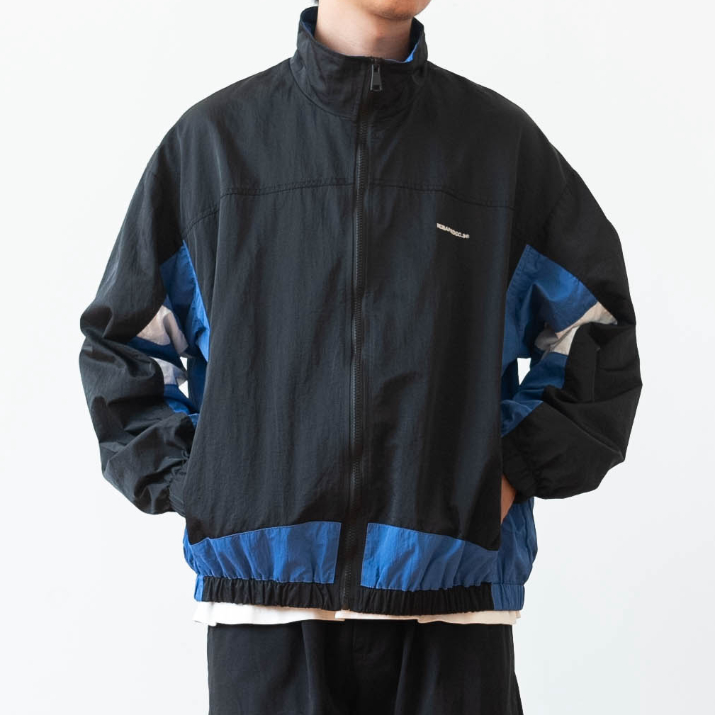 复古学院风拼接撞色立领宽松夹克