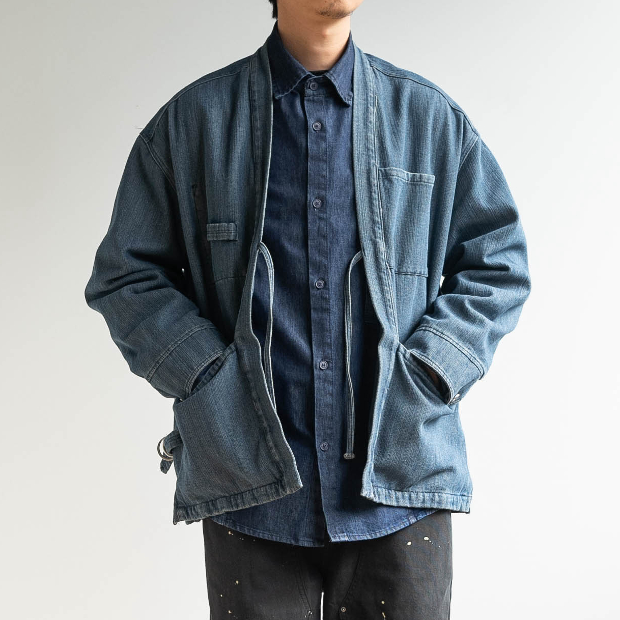 复古牛仔水洗做旧道袍开衫