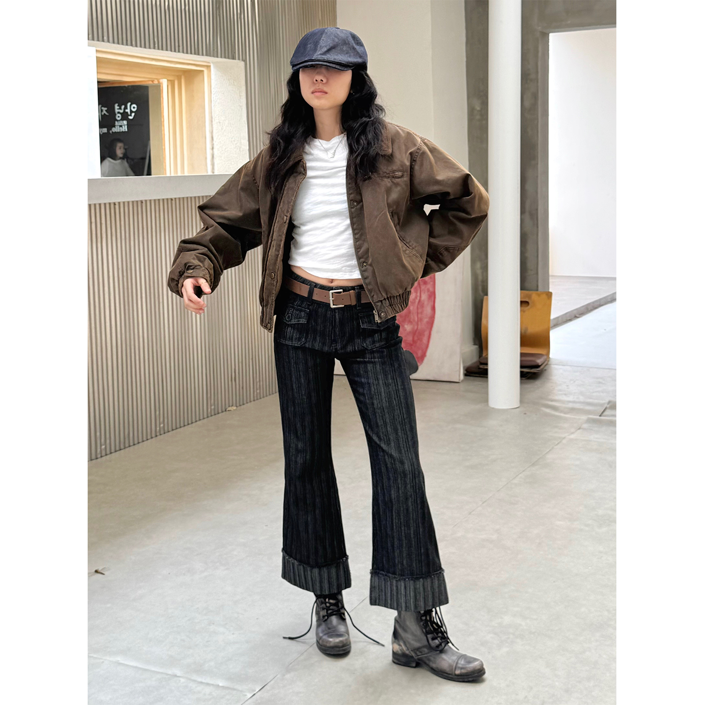 纯棉质感立体坑条纹九分喇叭裤