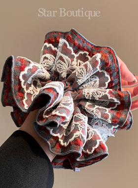 韩系复古蕾丝红色格子大肠发圈女高级感超大号新年扎头发头绳头饰