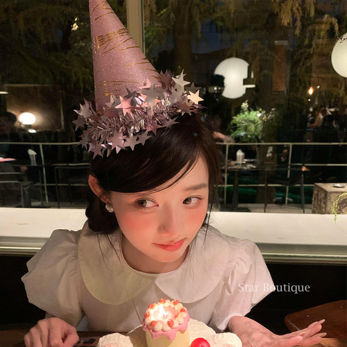 超可爱粉色星星流苏生日帽女