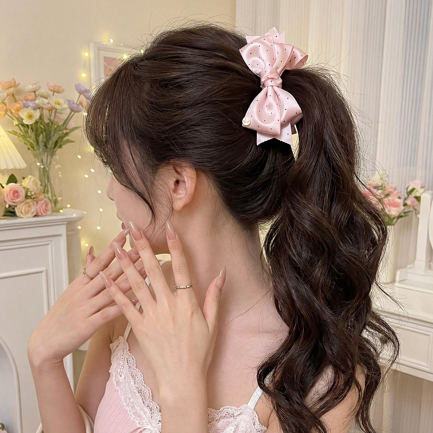 韩系甜美粉色缎面波点蝴蝶结香蕉夹女可爱后脑勺高马尾竖夹头饰,饰品/流行首饰/时尚饰品新,发饰,淘宝优惠券,粉丝福利购,淘宝优惠卷