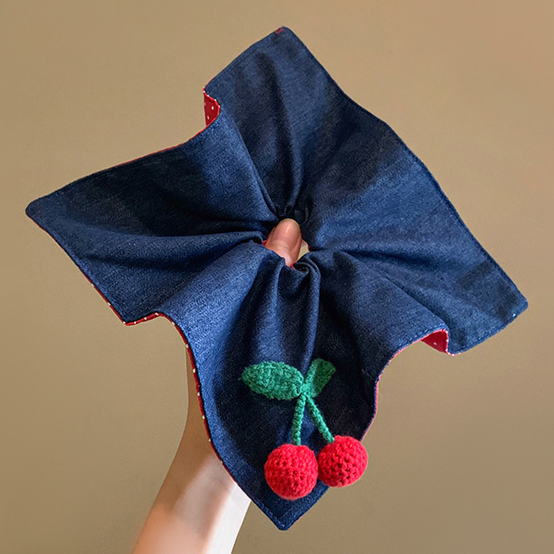 韩系复古藏青色樱桃方巾大肠发圈