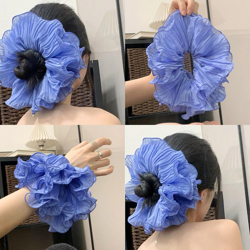 韩系蓝色超大朵网纱大肠发圈