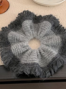 韩国灰色羊毛针织流苏大肠发圈女气质超大丸子头马尾头绳秋冬头饰