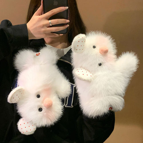 可爱小猫白色毛绒全包挂脖手套
