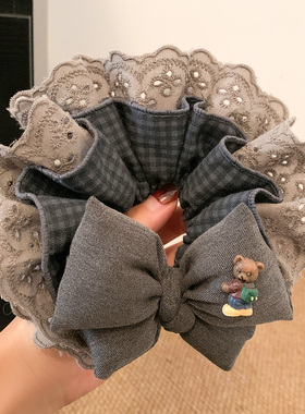 韩系复古灰色格子蝴蝶结蕾丝大肠发圈女超大丸子头低马尾头绳头饰