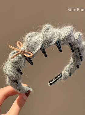 韩系秋冬灰色兔毛针织带齿发箍女气质高颅顶洗脸压发头箍发卡头饰