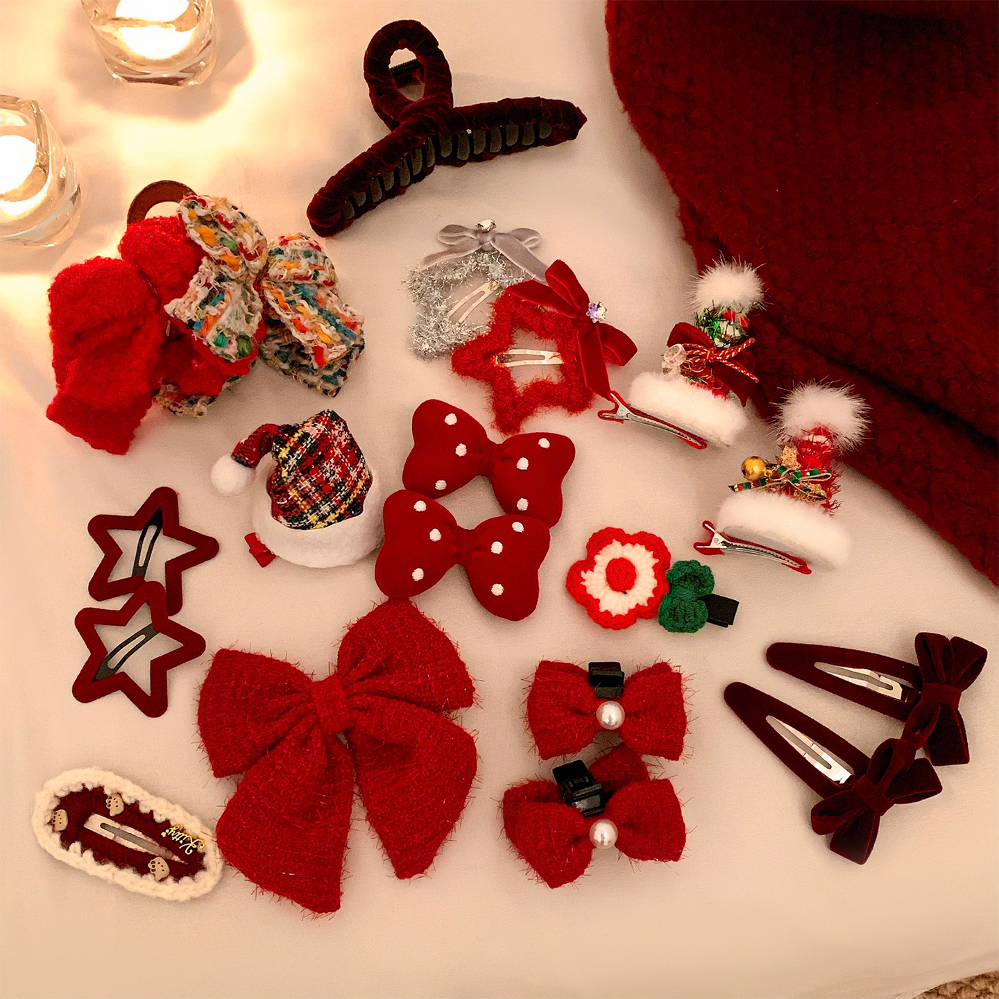 圣诞节红色蝴蝶结圣诞帽子发夹女