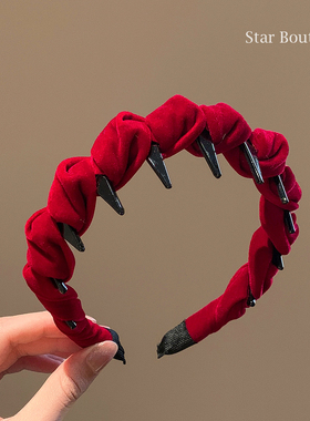 新年圣诞红色丝绒带齿发箍女洗脸化妆发卡高颅顶压发头箍头饰秋冬