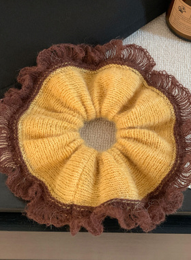 秋冬温柔黄色毛线针织花边大肠发圈女气质超大丸子头马尾头绳头饰