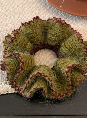 韩国森系绿色毛线针织双层大肠发圈女气质超大丸子头秋冬头绳头饰