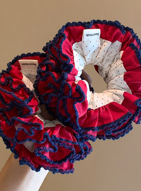 韩系复古红色波点大肠发圈女高级感丸子头扎头发头绳超大气质头饰