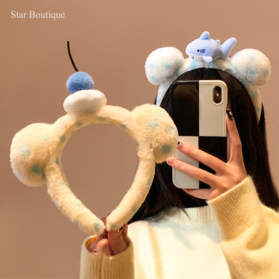 可爱蓝色波点毛绒小熊耳朵发箍