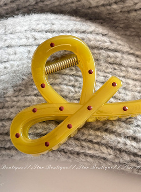 复古小众黄色波点蝴蝶结中号抓夹女后脑勺盘发鲨鱼夹子发卡头饰